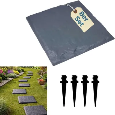 Produktbild von 8er-Set Trittplatten für den Garten mit Erdspießen, Gehwegplatten aus Kunststoff in Steinoptik, 40x40 Trittsteine, frostfeste Gartenplatten für Rasen und Beet