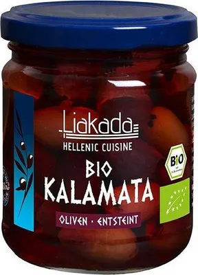 Produktbild von Liakada Kalamata Oliven entsteint 100g im Glas glutenfrei vegan