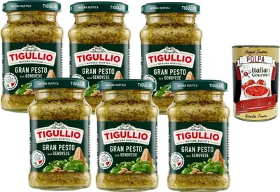 Produktbild von Tigullio Gran Pesto alla Genovese 6x190g Vorratspack – italienische Basilikum-Pestosauce für Pasta, Bruschetta & Salate + Italian Gourmet polpa