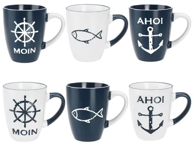 Productafbeelding van Set van 6 Keramische Koffiemokken 350ml in Maritieme Stijl