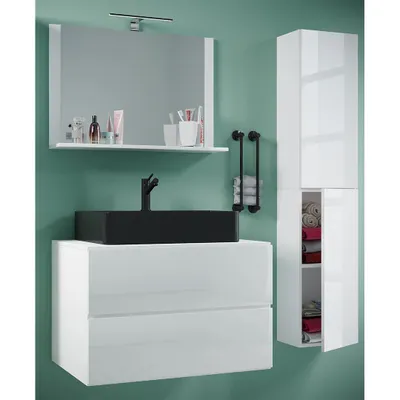 Produktbild von VCM 4-tlg. Waschplatz Waschtisch | schwarzes Waschbecken Unterschrank Breite 60 cm | Badmöbel Set mit Schubladen Drehtüren Spiegel | Lendas S BL