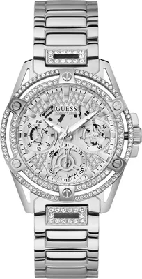 A close-up, studio shot of a silver Guess watch with a diamond-encrusted bezel and dial.