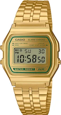 A close-up studio shot of a gold-colored digital watch.