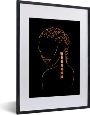 Produktbild von MuchoWow® Gerahmtes Poster Frau - Gold - Ohrring - Strichzeichnung 30x40 cm - Poster mit Schwarzem Bilderrahmen Wandposter Rahmen Foto Bilder - Wandposter Schlafzimmer