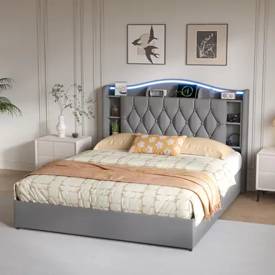 Obrázok produktu pre INONEFT Posteľ s pružinovým matracom, čalúnená posteľ 140x190 s LED osvetlením a USB/C portmi, hydraulická posteľ s úložným priestorom, dvojlôžko s roštom, sivá, zamat