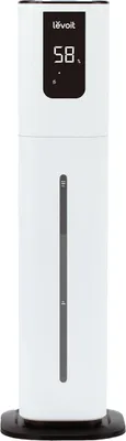 A white humidifier with a digital display and a water level indicator.