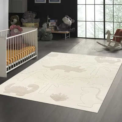 Produktbild von Teppich Kinderzimmer Spielezimmer Dinosaurier und  Pflanzenmuster | Creme Größe - 200 x 280 cm