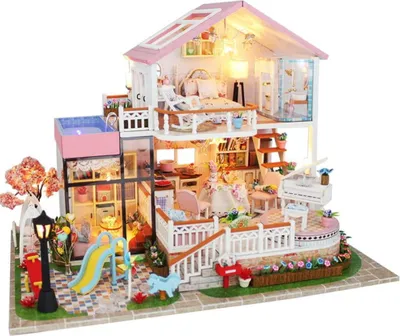 Image de Habarri | Maison Miniature - DIY Maison de Poupées - Maison en Bois avec Meubles et éclairage LED - Cadeau pour Enfants - Matin Glacé