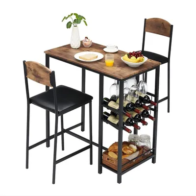 Productafbeelding van Set van 3 bartafels met 2 barkrukken – Keukentafelset met zitbank, voetsteunen en opbergruimte – Hout-metaal design – Bruin