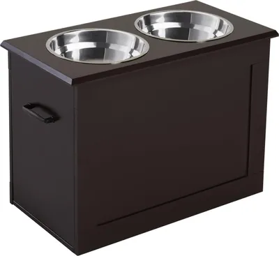 Productafbeelding van Hondenvoerbak met opbergruimte, 2 bakken, voerstation, roestvrijstalen bak, kattenbak, MDF, roestvrij staal, Espresso, 60 x 30 x 41 cm