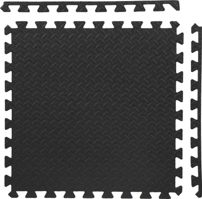A set of interlocking black puzzle mats with a diamond pattern.
