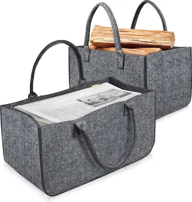 Produktbild von Filztaschen 2 Stück Kaminholztasche Filz, Faltbar Groß Kaminholzkorb Filztasche Shopper für Holz Zeitungen Kaminholz Filztasche - Hellgrau CEEDIR