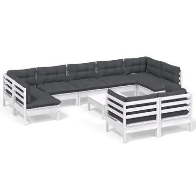 Immagine prodotto di vidaXL Set da giardino lounge da 10 pezzi con cuscini, legno massello di pino bianco