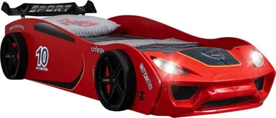 A red race car bed for children, shown from a diagonal front-side view against a white background.