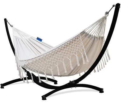 Produktbild von Potenza Outdoor Hängematte mit Gestell für 2 Personen I Baumwolle Doppelhängematte XXL 220x160, 200kg I Schwarz Hängemattengestell 220kg, wetterfest