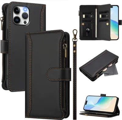 Obrázek produktu pro Pouzdro pro iPhone 13 Pro Max, zipem, peněženkovéPolyuretankožené flip pouzdro s kapsami na karty, stojánkem a poutkem na ruku černý
