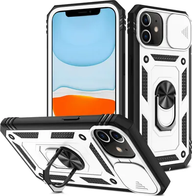 Image de Coque pour iPhone 11 avec protection coulissante de l'appareil photo, résistante aux chocs, avec porte-anneau, support et porte-cartes Blanc