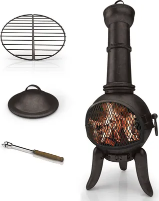 Produktbild von Jago® Terrassenofen mit Funkenfluggitter - aus Gußeisen im klassischen Design, 108cm hoch, inklusive Schürhaken, Funkenschutz - Vintage Gartenofen, rustikaler Look, Gartenkamin, Feuerstelle, Feuerkorb