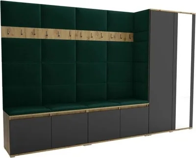 Produktbild von Garderoben-Set Noris V mit Spiegel, gepolsterte Garderobe 290 cm, Flurmöbel mit Wandpaneelen, 12 Haken und Schrank (Farbe: Artisan Eiche/Schwarz + Trinity 28)
