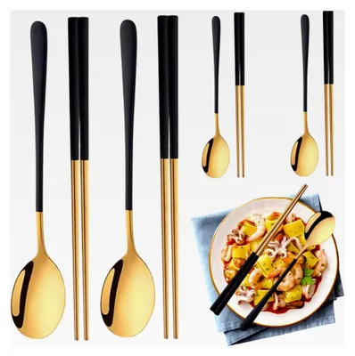 Produktbild von Wiederverwendbares Essstäbchen- und Löffelset aus Edelstahl, koreanisches Utensilien-Set, tragbar, 4 Sets Metall-Essstäbchen, Schwarzgold, für Büroangestellte und Studenten