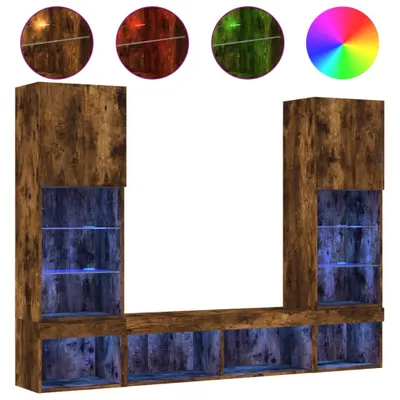 A modern wall unit with wooden finish and integrated LED lighting.