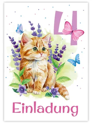 12 Einladungskarten 4. Geburtstag Mädchen Katze bunt