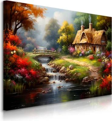 Produktbild von Muralo Leinwandbild Canvas ländlichem HÄUSCHEN Wald Natur Landschaft Br. 40cm x Hö. 30cm
