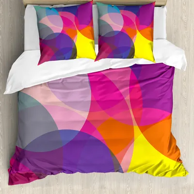 Obrázok produktu pre ABAKUHAUS Geometrická sada obliečok na posteľ, abstraktný farebný vzor kruhov prekrývajúci geometrické ilustrácie, 155 x 220 cm + 80 x 80 cm, viacfarebná