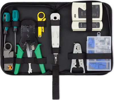 Produktbild von deleyCON 10-teiliges Netzwerk Werkzeug Set Mit Tasche Kabeltester Crimpzange LSA Auflegewerkzeug Abisolierzange IT Computer Netzwerk LAN CAT Werkzeug RJ11 RJ12 RJ45