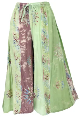 Produktbild von Bequeme Palazzohose, Weite Marlenehose, Boho Wachsbatik Schlaghose, Hosenrock - Grün, Damen, Viskose, Größe: L