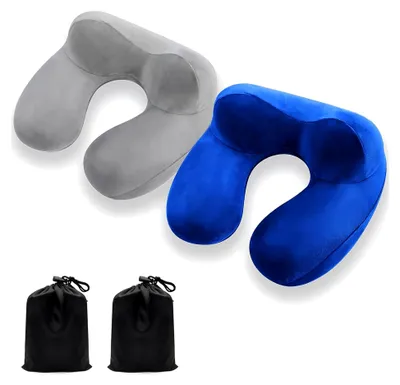 Produktbild von Aufblasbares Reisekissen, 2 Set Reise Nackenstütze, 100% weicher Samt Nackenkissen Aufblasbar, orthopädisches Nackenhörnchen, elastisches Nackenstützkissen für Flugzeuge, Züge, Autos und Büros