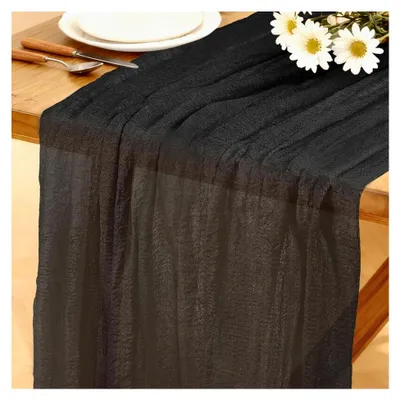 Produktbild von Boho Tischläufer Schwarz, 280 x 80 cm aus Käsetuch, waschbar, rustikaler Läufer für Hochzeiten, Silvesterpartys, Babypartys, Brautpartys, Küchendekoration