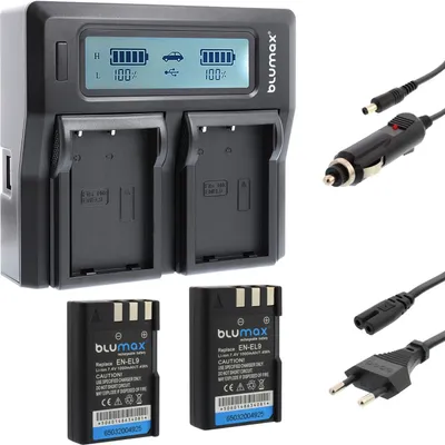 Produktbild von 2x Akku + Lader für Nikon EN-EL9  DSLR D40 D60 D3000 D5000 1000 mAh (7,2V)
