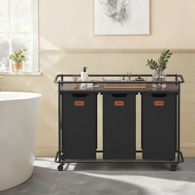 Produktbild von VASAGLE Wäschesammler mit Rollen, Wäschekorb 3 Fächer, 150 L, Wäschesortierer mit Ablage, Wäschewagen, abnehmbare Taschen, 6 Etiketten, Waschküche