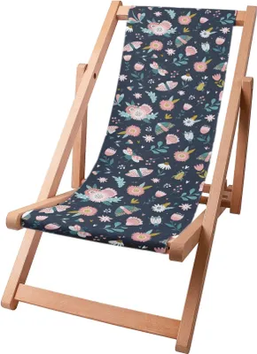 A wooden folding deck chair with a dark blue fabric seat featuring a floral and bug pattern.