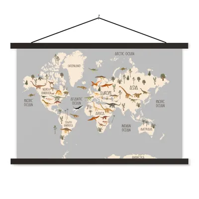 Obrázek produktu pro MuchoWow® Textilní plakát - Mapa světa - Dětský pokoj - Dinosauři - Chlapci - Dívky - Děti - 90x60cm - S černými lamelami