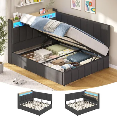 Produktbild von AODEMOKO Jugendbett mit LED Beleuchtung, Polsterbett mit Ladestation, Bettgestell mit Bettkasten für Schlafzimmer, Gästezimmer, 140 x 200cm, Grau