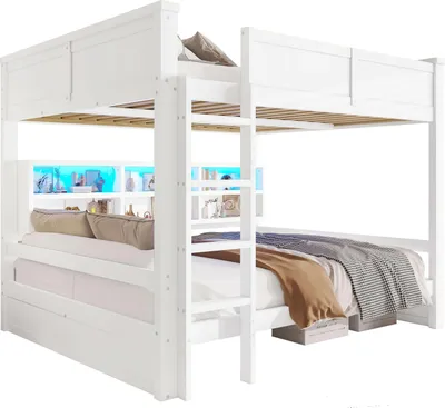 Produktbild von Merax 160x200cm Etagenbett, mit 6 Stauraumschränken, LED-Licht, Massivholz, Kinderbett, Stockbett, Jugendbett, Weiß