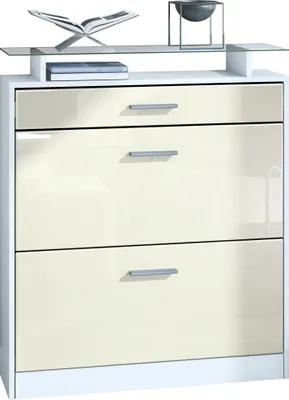 Produktbild von Vladon Schuhschrank Loret 89 x 104 x 23 cm Schuhkipper für 16 Paar Schuhe mit 1 Schublade, 1 Glasablage, Farben Weiß matt & Creme Hochglanz