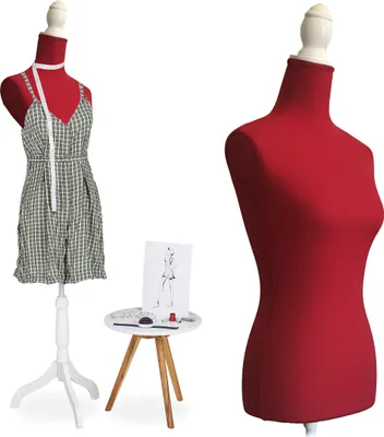 Obrázok produktu pre Relaxdays figurína, ženská, veľkosť 36/38, výškovo nastaviteľná 160–175 cm, s dreveným podstavcom, figurína do výkladu, červená