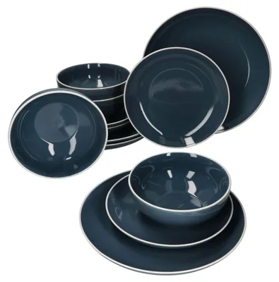 Produktbild von 12tlg. Teller Set Linus blau 4 Personen Steingut Teller klein & groß Bowl-Schale