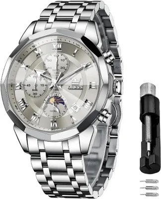 Produktbild von Männer Uhr Quarz Luxus Business Uhren Multifunktion Chronograph Mondphase wasserdicht Leuchtend Edelstahl Armbanduhr