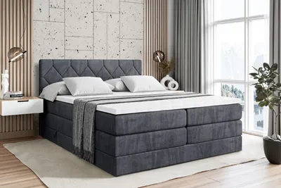Produktbild von ALTDECOR Boxspringbett mit 2 Matratzen und Topper - 160x200 cm - CATOR KING - Dunkelgrau Samt - Polsterbett mit, H3- und H4- Matratzen, Bettkasten und Lattenrost, Bett mit Stauraum