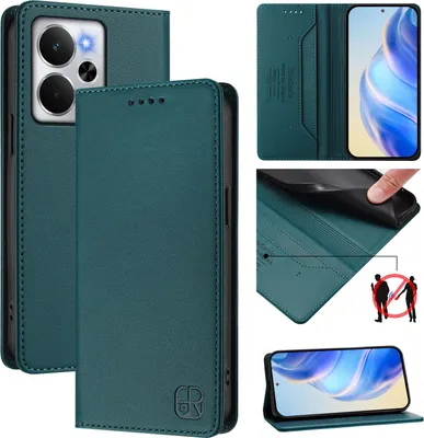 Obrázek produktu pro Kožené pouzdro pro Realme 14, flipové pouzdro s přihrádkami na karty, peněženkou a stojánkem Tmavě zelená