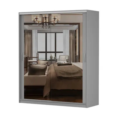 Image de Armoire à portes coulissantes TOKYO M, armoire de chambre à coucher 180 cm gris/gris avec miroir,  poignées en PVC couleur aluminium