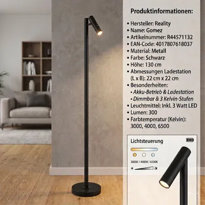 Produktbild von Reality Leuchten Stehleuchte GOMEZ DH 22x129 cm schwarz Stehlampe Leseleuchte