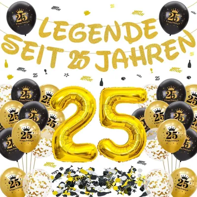 Productafbeelding van Verjaardagsdecoratieset: 25 jaar, zwart en goud, inclusief: slingers, ballonnen, en een grote "25" ballon