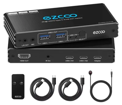 Image de Commutateur KVM USB-C HDMI 2.1, compatible 4K à 120 Hz, avec 2 ports USB 2.0 et télécommande infrarouge