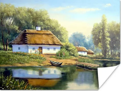 Produktbild von MuchoWow® Poster Malerei - Haus - Natur - Wasser - Ölfarbe 160x120 cm - Foto Plakat