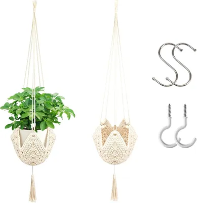 Imagen del producto de Juego de 2 macramés para colgar plantas, de 95 cm, hechos de cuerda de algodón, para uso en interiores
